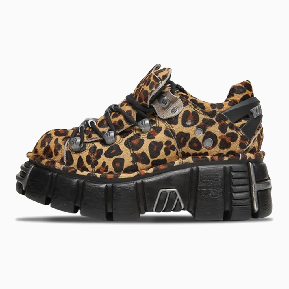 New Rock Tower Negro Acero W " Pelo Leopardo Cuero"