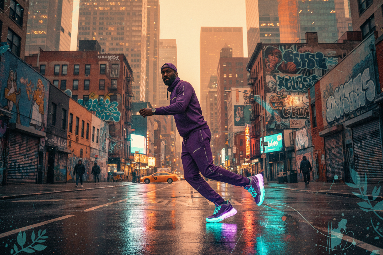 un uomo di colore vestito di viola stile streetwear  con sneakers in trend fluorescenti in una citta stile urban 1620813069167db316-0